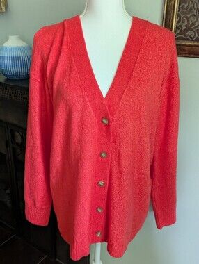 Talbots Womens Medium Cardigan Sweater Soft Fuzzy Long Sleeve Coral Red #JO5161